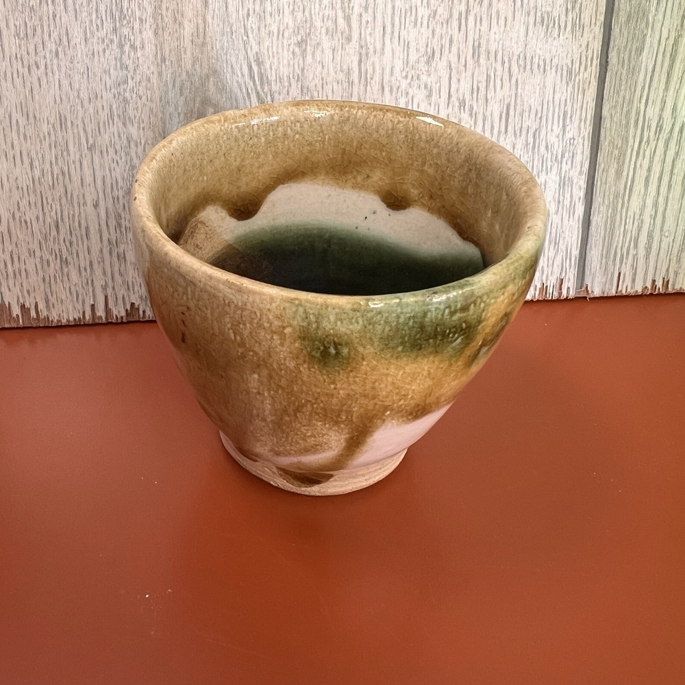 Small Glazed Art Pottery Stoneware‎ Planter Cup Brown Signed hand crafted 2.75"